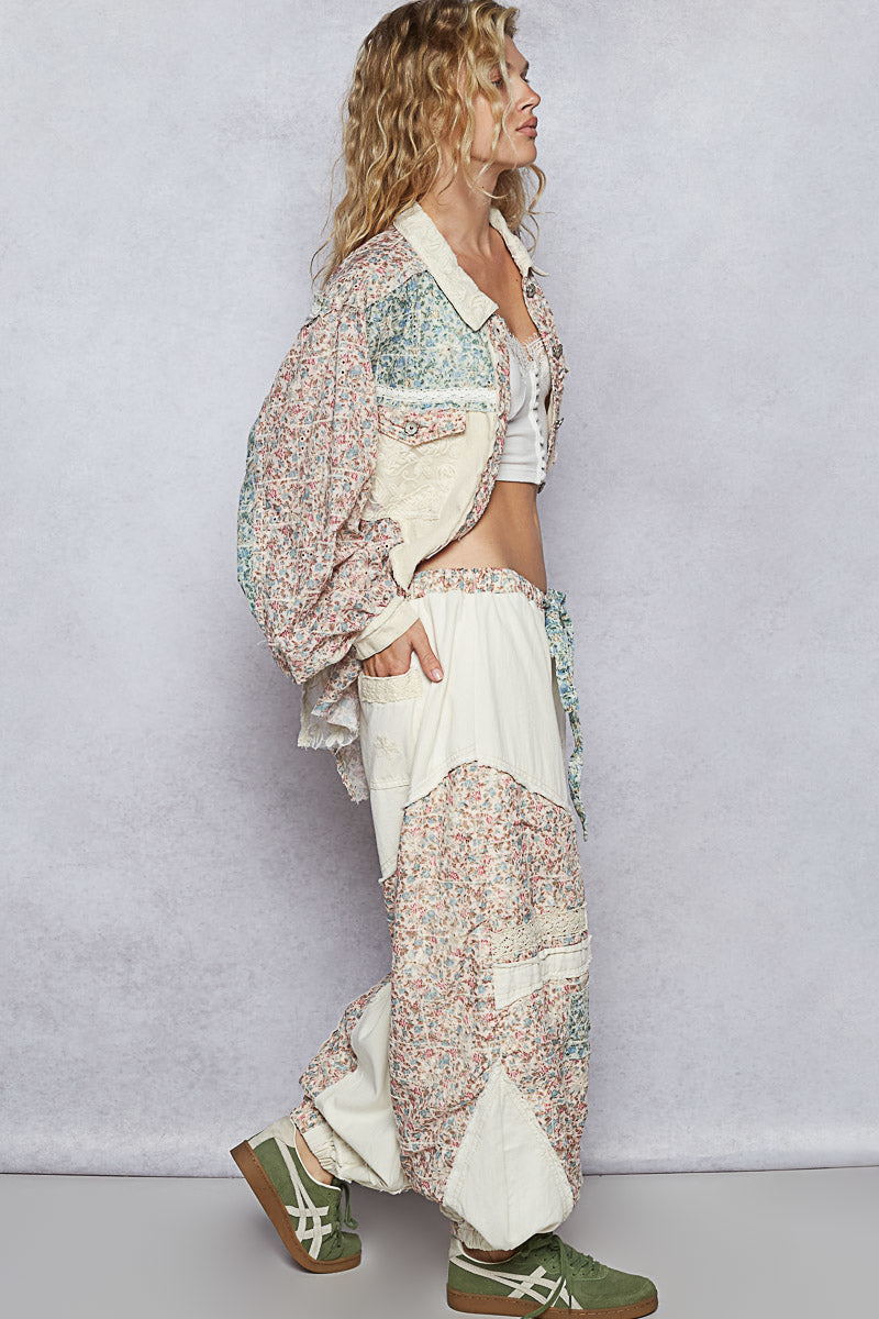 Gabby Floral Embroidered Eyelet Patched Denim Joggers