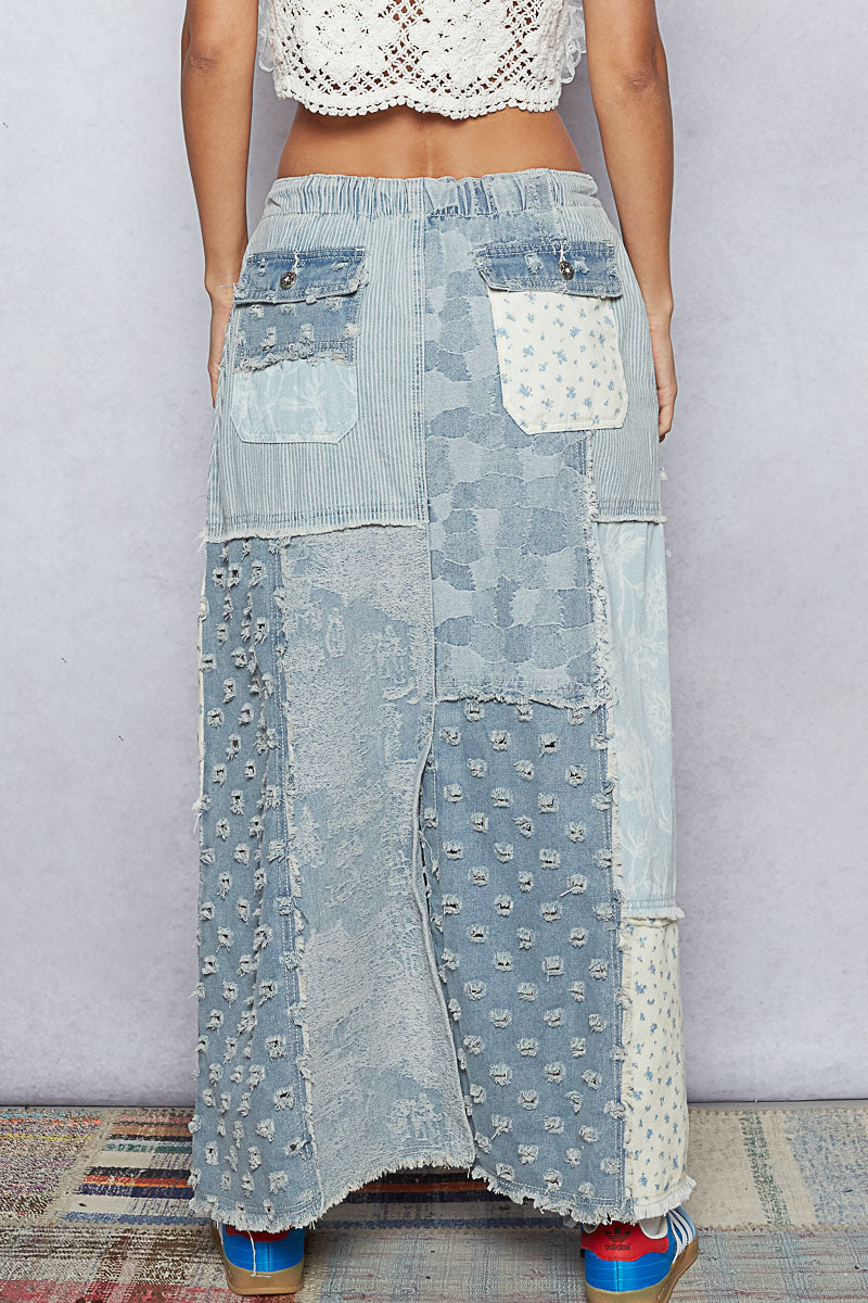 Maxed Out Corded Waist Patchwork Denim Skirt