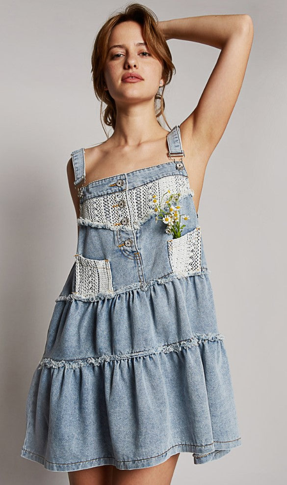 the Laretta Frayed Denim Overall Dress