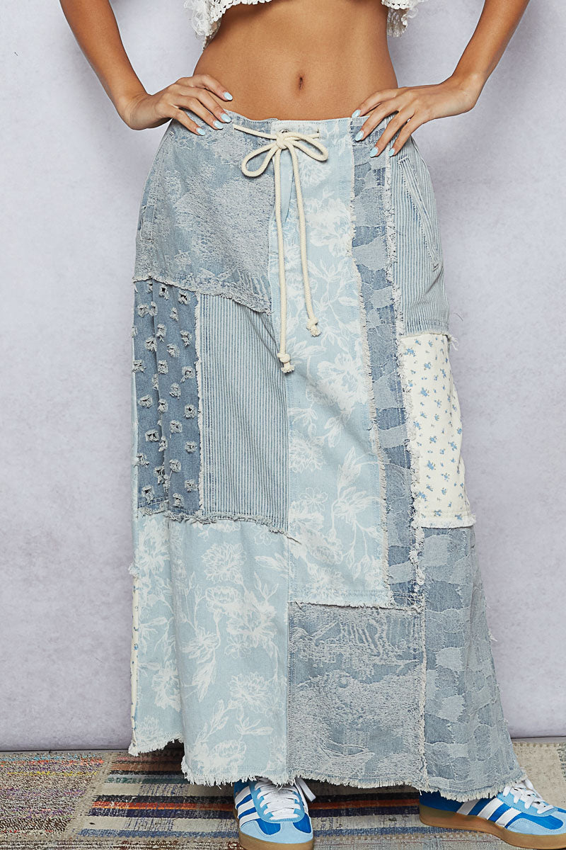 Maxed Out Corded Waist Patchwork Denim Skirt